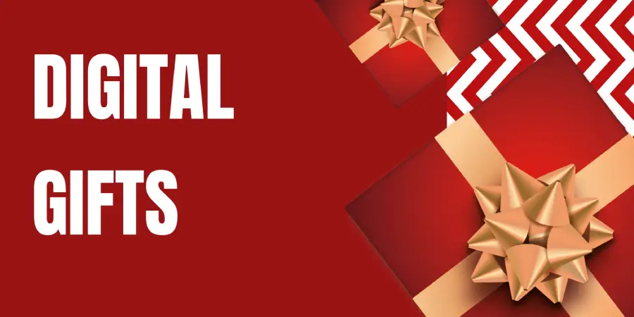 The phrase 'Digital Gifts' in white, contrasting beautifully against a red background, symbolizing Digital Gifts for Couples