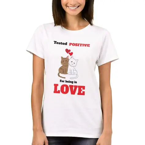 A girl wearing a personalized T-shirt featuring a couple of cute cats and the humorous phrase 'Tested positive for being in Love'.